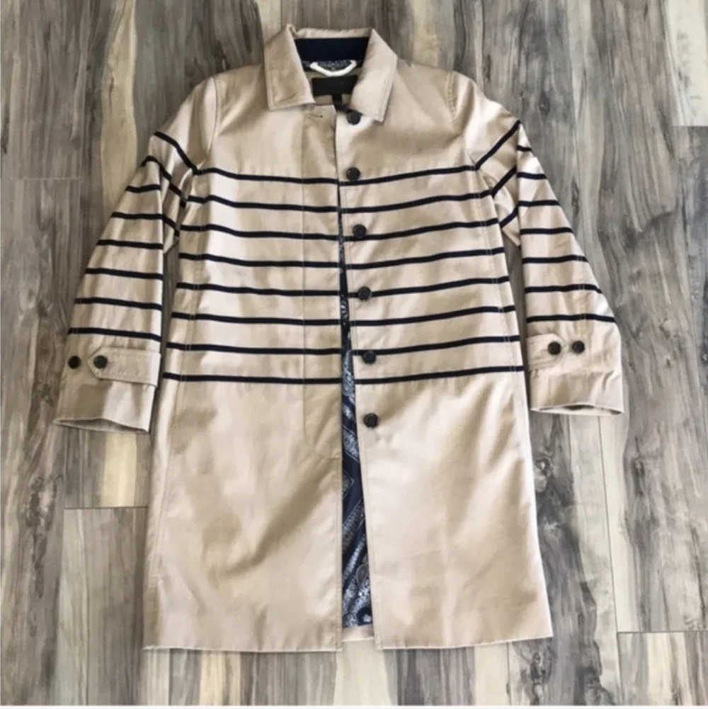 J.Crew Women's Size 6 Striped Beige Navy Blue Trench Coat Jacket